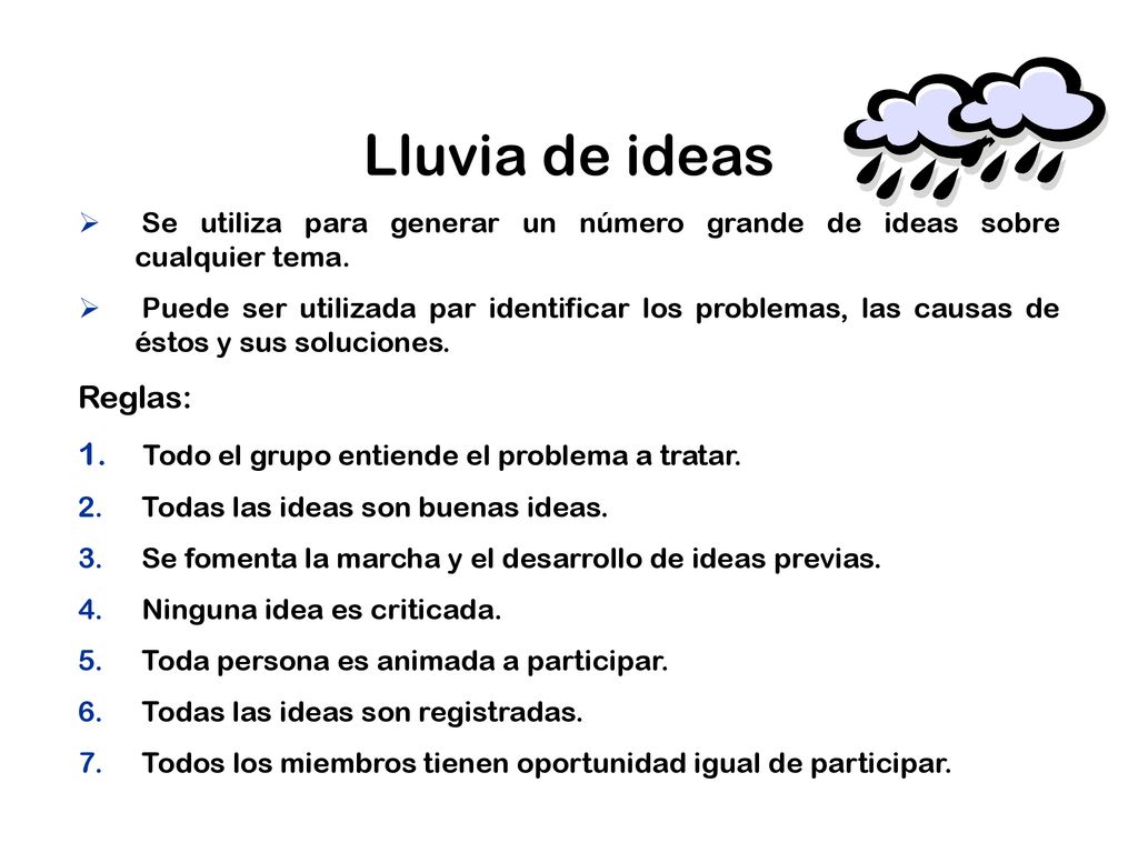 Lluvia de ideas Reglas: Todo el grupo entiende el problema a tratar.