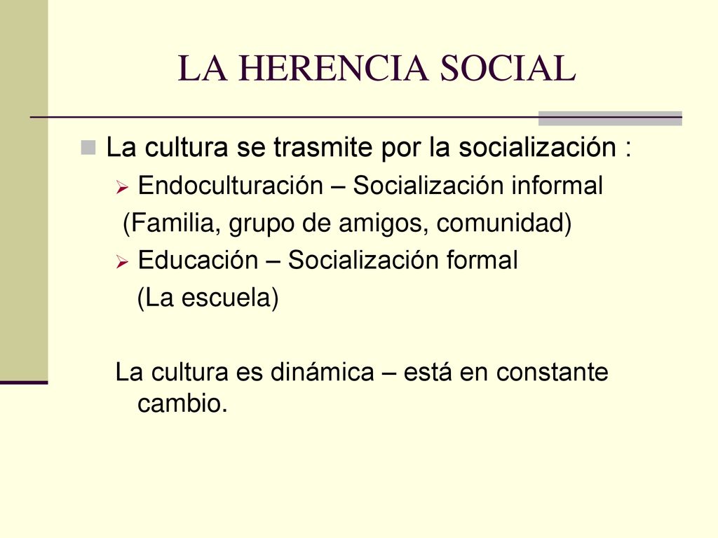 LA HERENCIA SOCIAL La cultura se trasmite por la socialización :