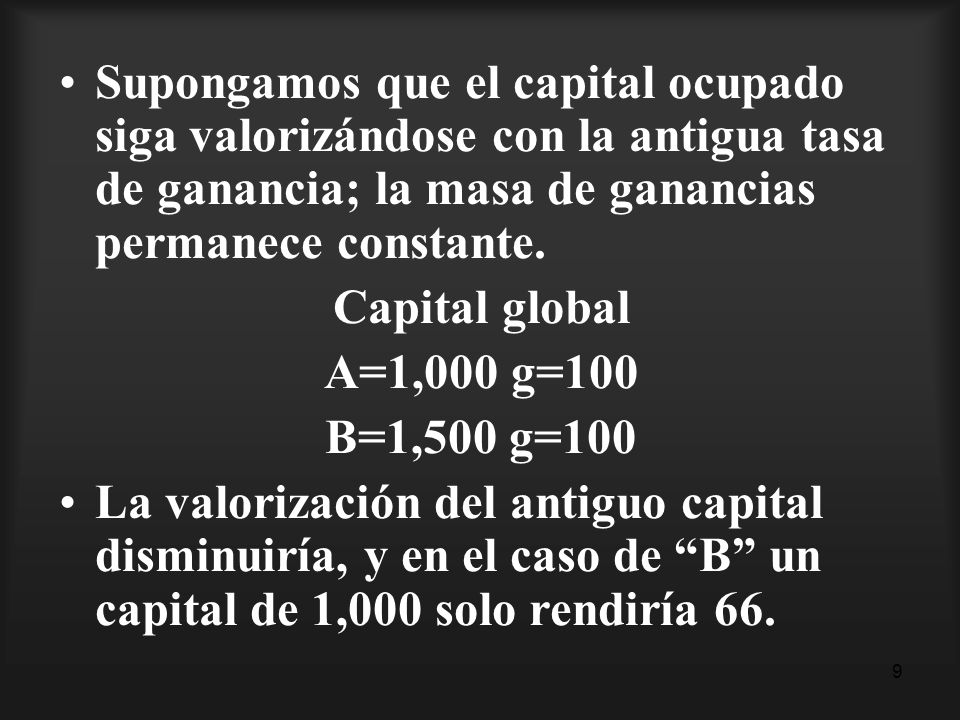 Supongamos que el capital ocupado siga valorizándose con la antigua tasa de ganancia; la masa de ganancias permanece constante.