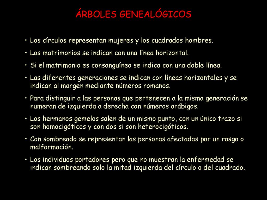 ÁRBOLES GENEALÓGICOS Los círculos representan mujeres y los cuadrados hombres. Los matrimonios se indican con una línea horizontal.