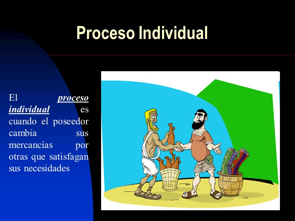 Proceso Individual El proceso individual es cuando el poseedor cambia sus mercancías por otras que satisfagan sus necesidades.