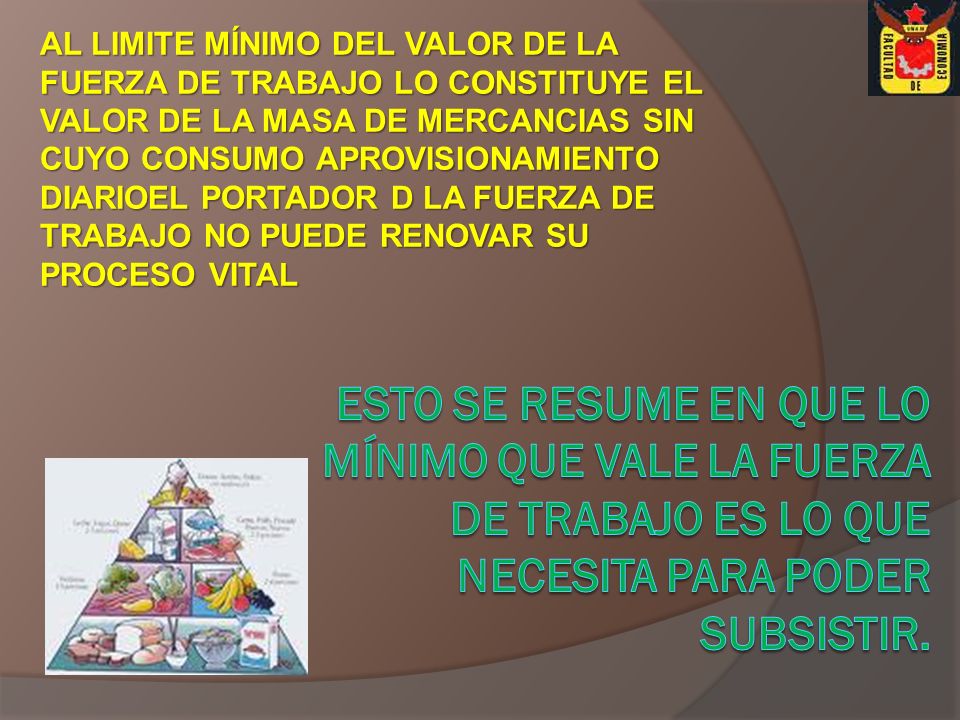 AL LIMITE MÍNIMO DEL VALOR DE LA FUERZA DE TRABAJO LO CONSTITUYE EL VALOR DE LA MASA DE MERCANCIAS SIN CUYO CONSUMO APROVISIONAMIENTO DIARIOEL PORTADOR D LA FUERZA DE TRABAJO NO PUEDE RENOVAR SU PROCESO VITAL