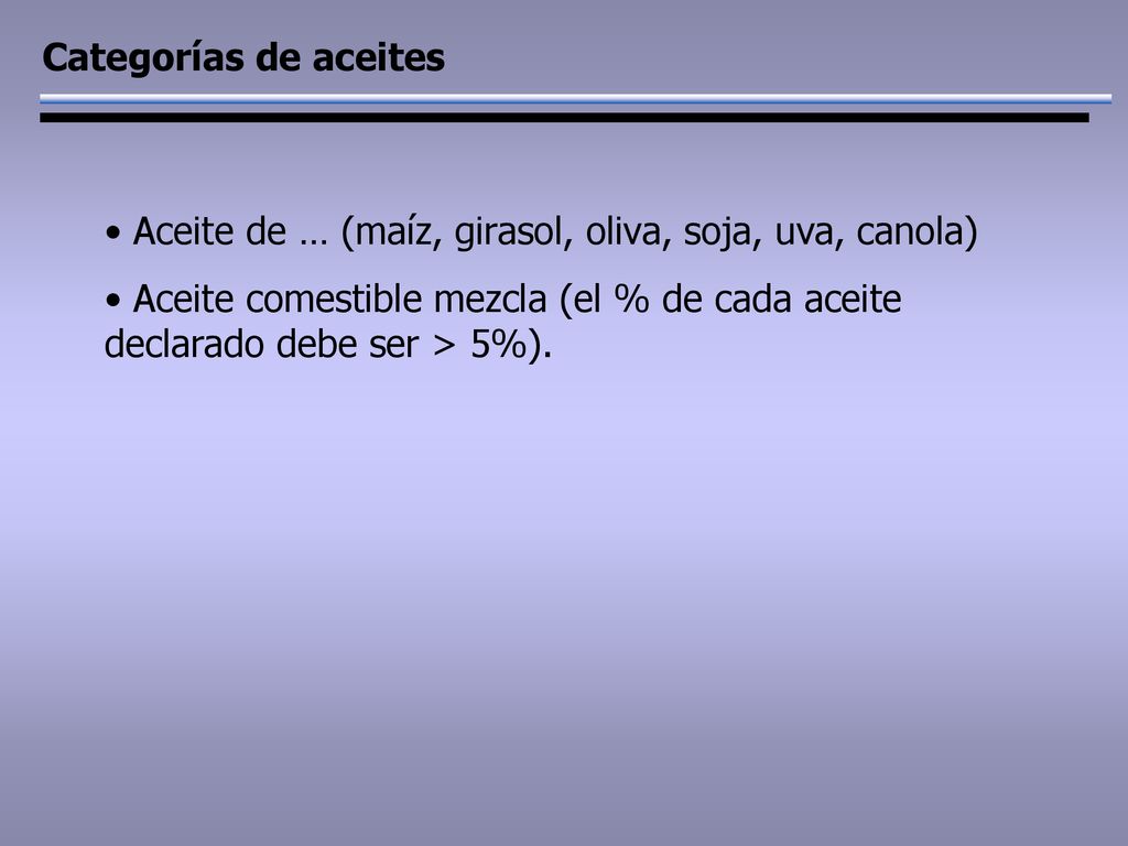 Categorías de aceites Aceite de … (maíz, girasol, oliva, soja, uva, canola) Aceite comestible mezcla (el % de cada aceite declarado debe ser > 5%).