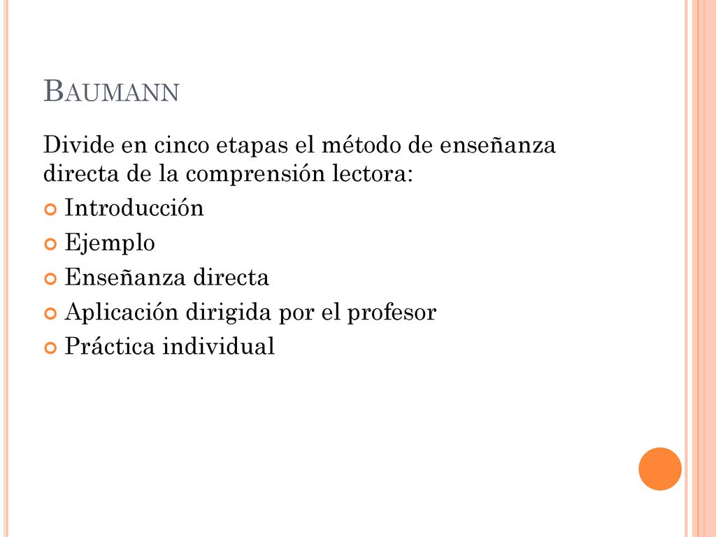 Baumann Divide en cinco etapas el método de enseñanza directa de la comprensión lectora: Introducción.