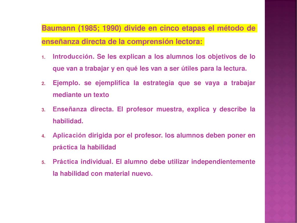Baumann (1985; 1990) divide en cinco etapas el método de enseñanza directa de la comprensión lectora: