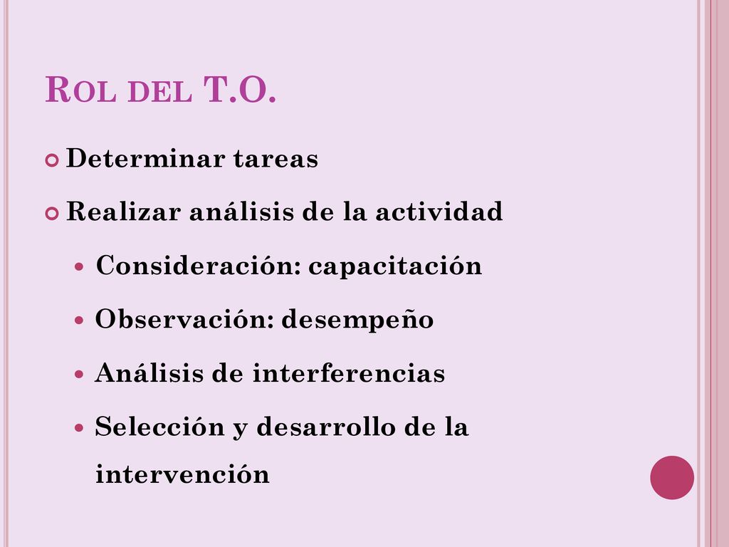 Rol del T.O. Determinar tareas Realizar análisis de la actividad