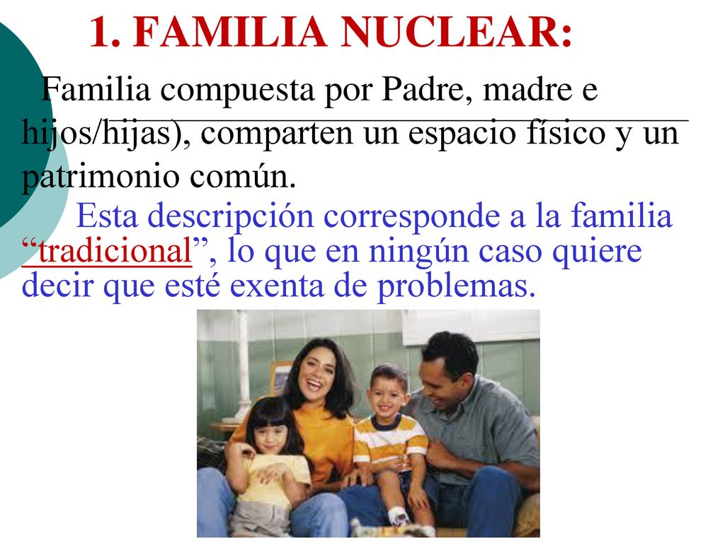 1. FAMILIA NUCLEAR: Familia compuesta por Padre, madre e hijos/hijas), comparten un espacio físico y un patrimonio común.
