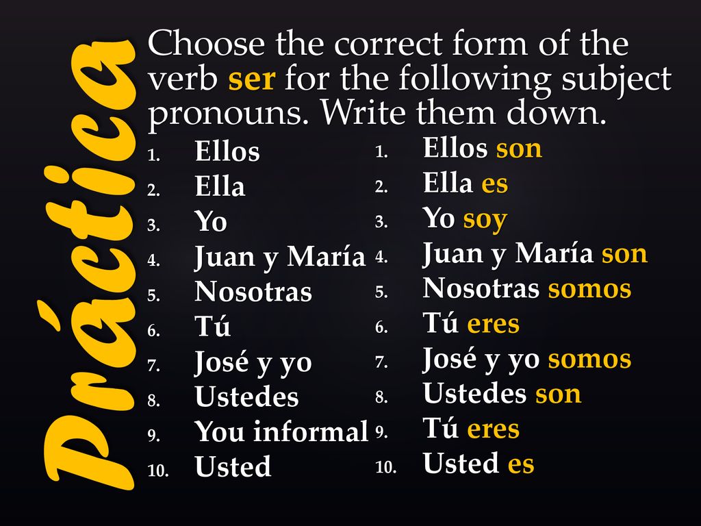 Choose the correct form of the verb ser for the following subject pronouns. Write them down.