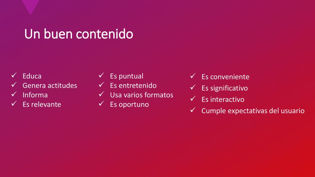 Un buen contenido Educa Genera actitudes Informa Es relevante