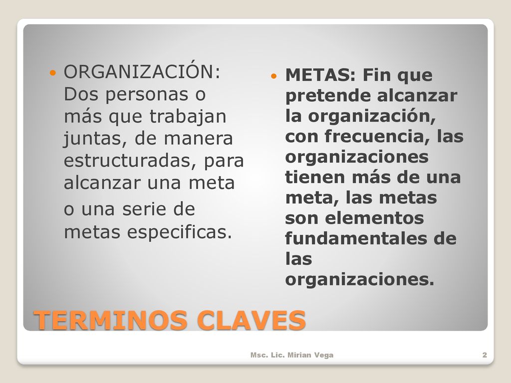 ORGANIZACIÓN: Dos personas o más que trabajan juntas, de manera estructuradas, para alcanzar una meta o una serie de metas especificas.