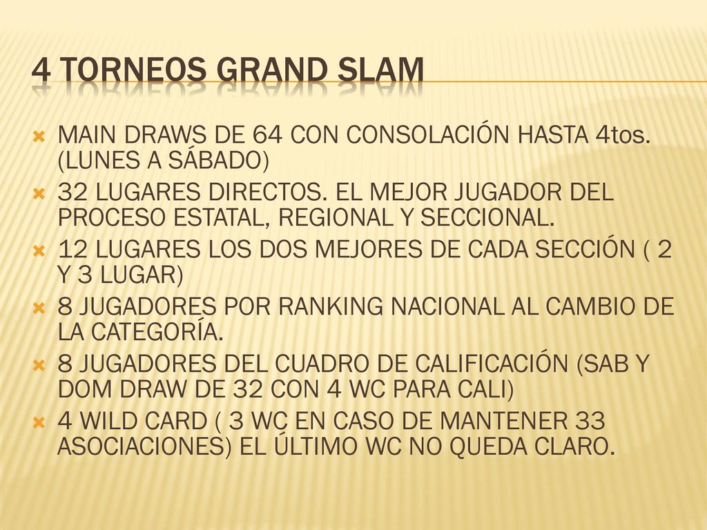 4 TORNEOS GRAND SLAM MAIN DRAWS DE 64 CON CONSOLACIÓN HASTA 4tos. (LUNES A SÁBADO)