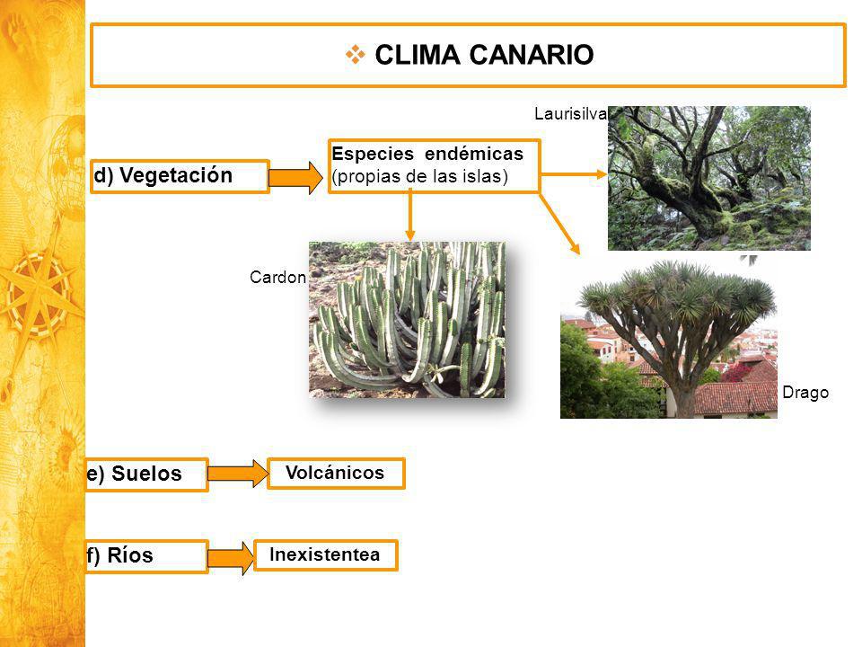 CLIMA CANARIO d) Vegetación e) Suelos f) Ríos