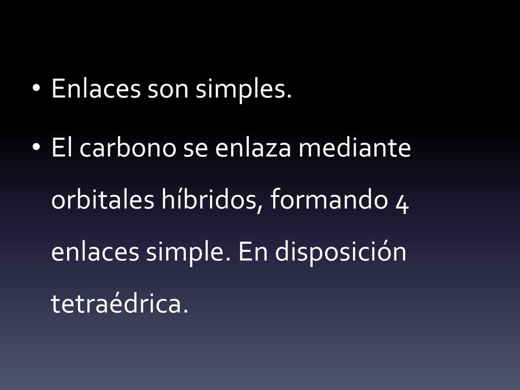 Enlaces son simples. El carbono se enlaza mediante orbitales híbridos, formando 4 enlaces simple.