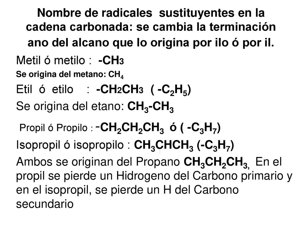 Etil ó etilo : -CH2CH3 ( -C2H5) Se origina del etano: CH3-CH3