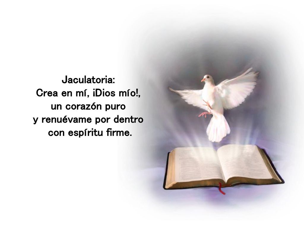 Jaculatoria: Crea en mí, ¡Dios mío!, un corazón puro y renuévame por dentro con espíritu firme.