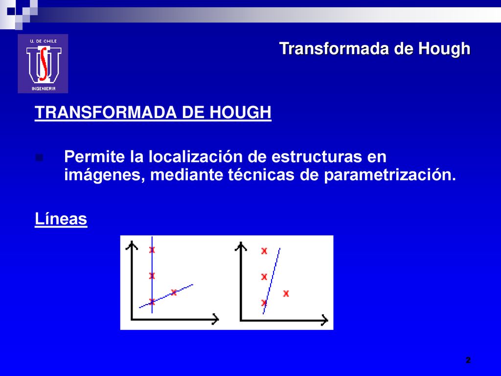 Transformada de Hough TRANSFORMADA DE HOUGH. Permite la localización de estructuras en imágenes, mediante técnicas de parametrización.