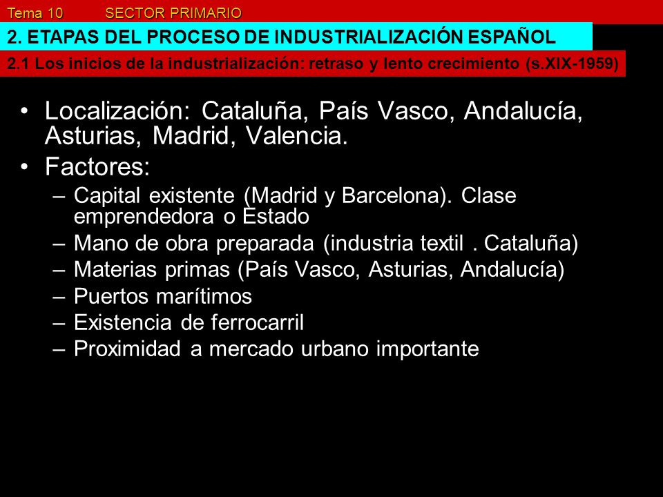Tema 10 SECTOR PRIMARIO 2. ETAPAS DEL PROCESO DE INDUSTRIALIZACIÓN ESPAÑOL.