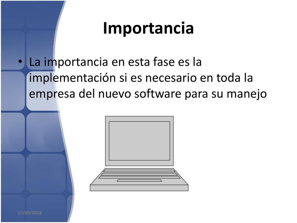 Importancia La importancia en esta fase es la implementación si es necesario en toda la empresa del nuevo software para su manejo.