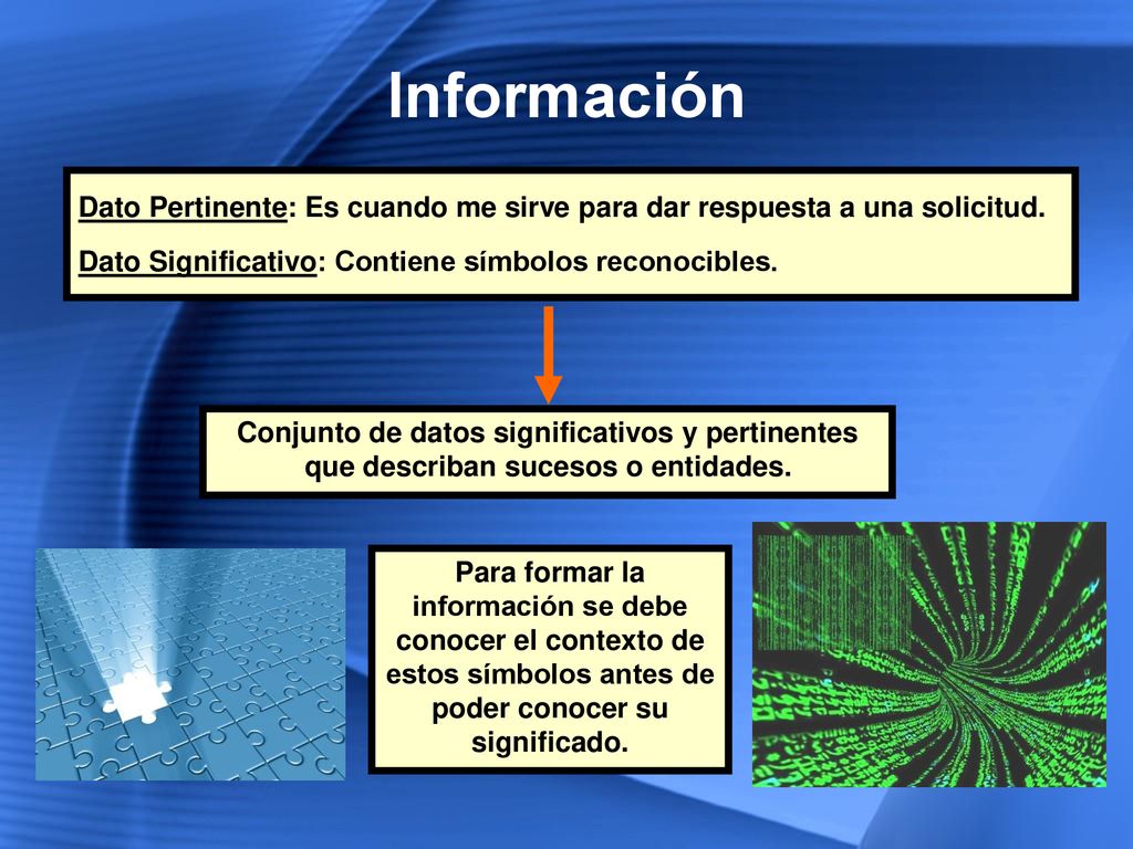 Información Dato Pertinente: Es cuando me sirve para dar respuesta a una solicitud. Dato Significativo: Contiene símbolos reconocibles.