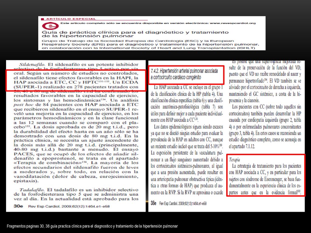Fragmentos paginas 30, 38 guía practica clínica para el diagnostico y tratamiento de la hipertensión pulmonar