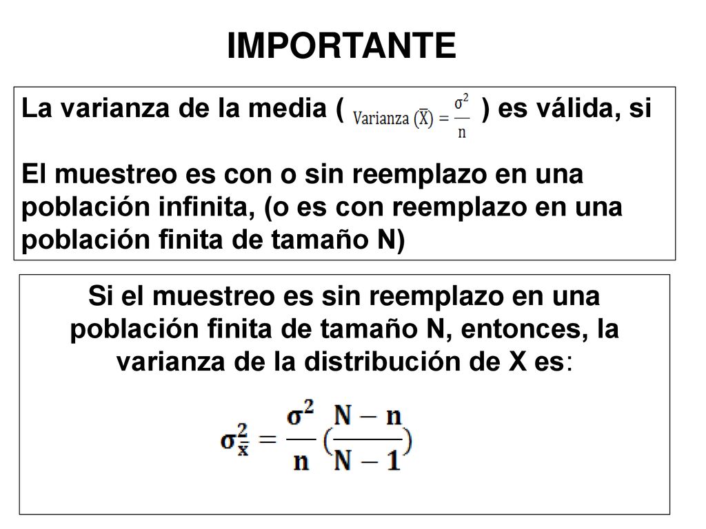 IMPORTANTE La varianza de la media ( ) es válida, si