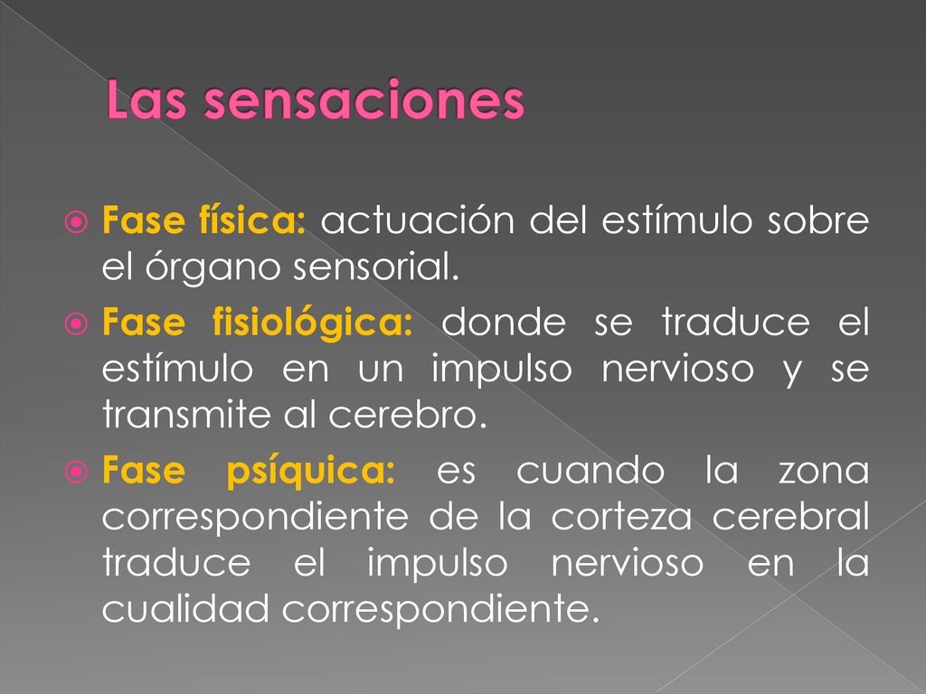 Las sensaciones Fase física: actuación del estímulo sobre el órgano sensorial.