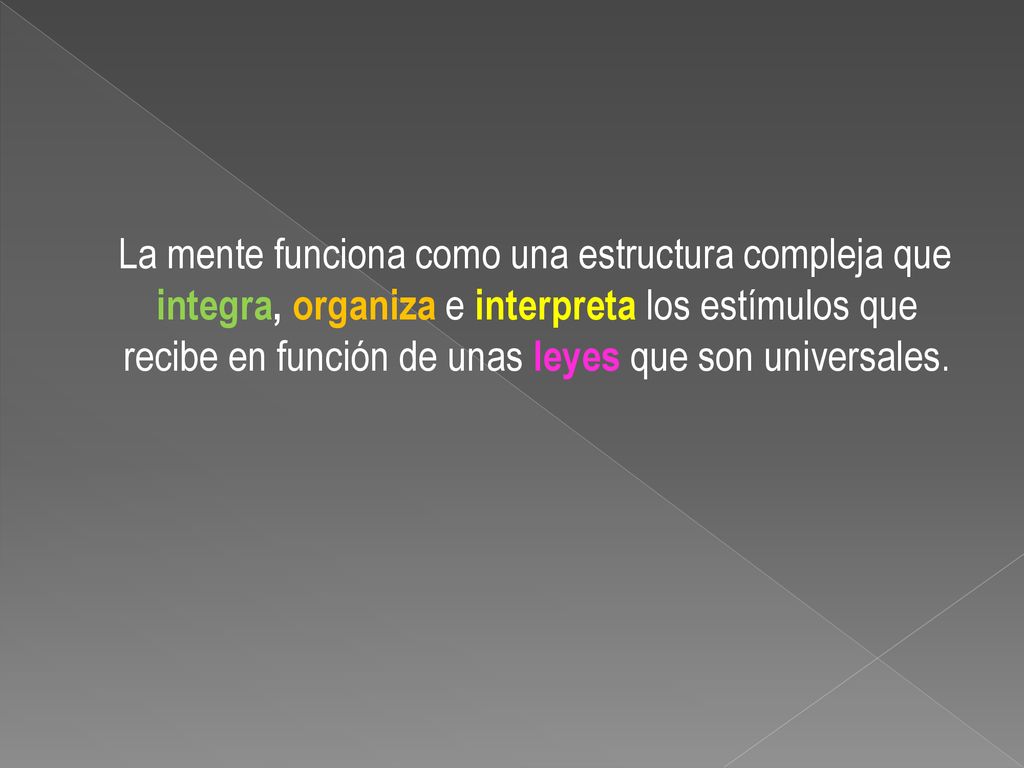La mente funciona como una estructura compleja que integra, organiza e interpreta los estímulos que recibe en función de unas leyes que son universales.