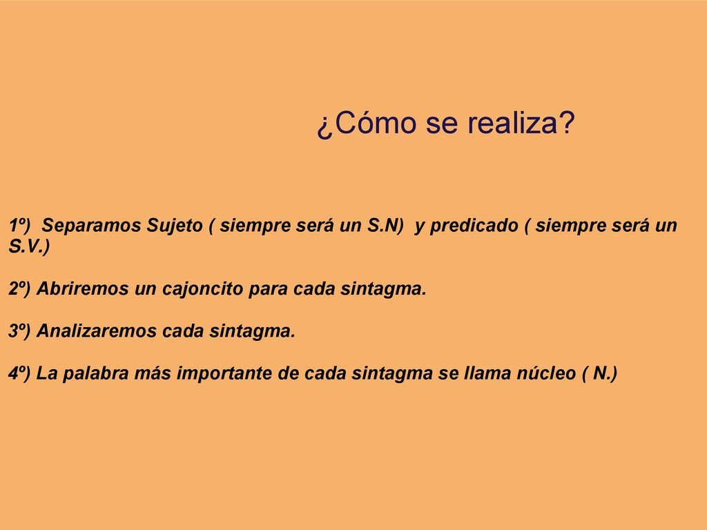 ¿Cómo se realiza 1º) Separamos Sujeto ( siempre será un S.N) y predicado ( siempre será un S.V.)