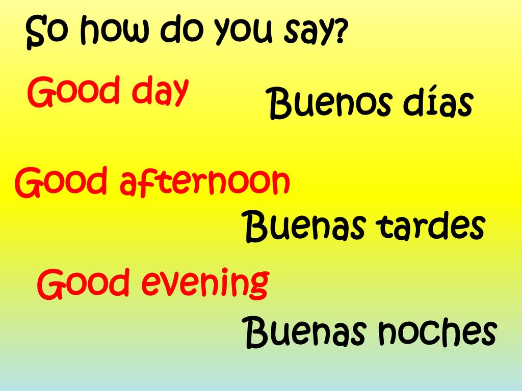 So how do you say Good day Buenos días Good afternoon Buenas tardes Good evening Buenas noches