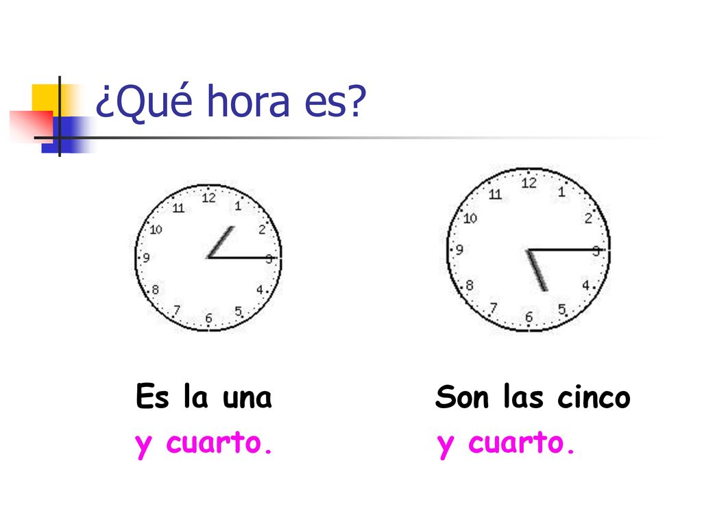 ¿Qué hora es Es la una Son las cinco y cuarto. y cuarto.