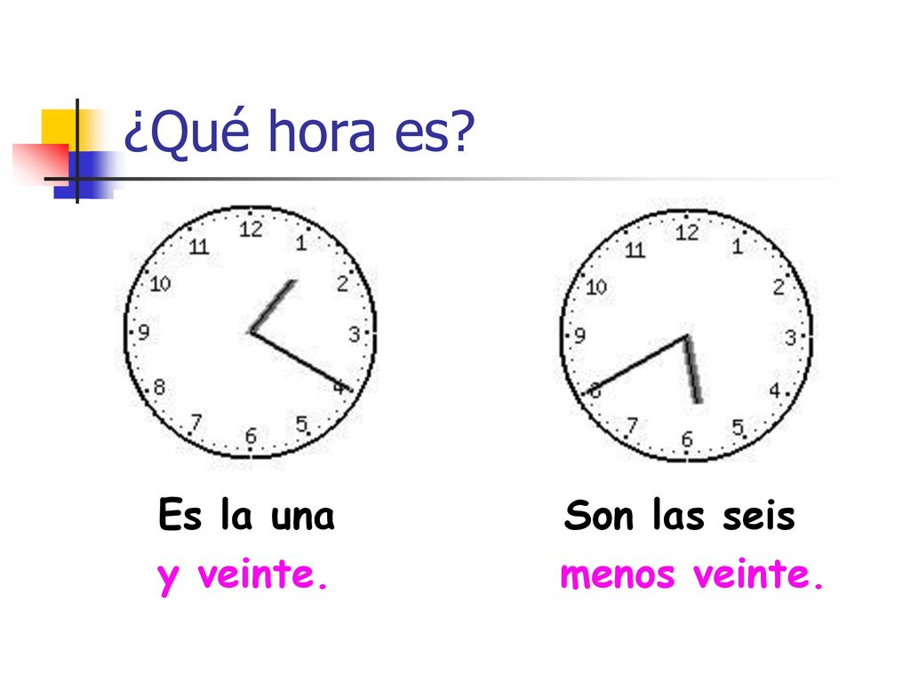 ¿Qué hora es Es la una Son las seis y veinte. menos veinte.
