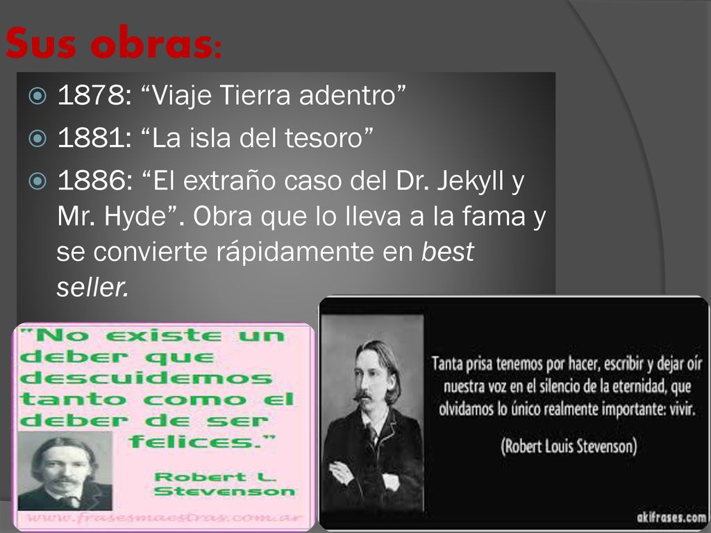 Sus obras: 1878: Viaje Tierra adentro 1881: La isla del tesoro