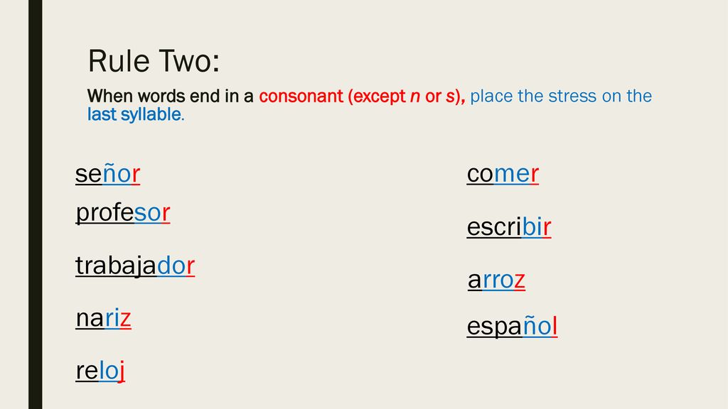 Rule Two: señor comer profesor escribir trabajador arroz nariz español