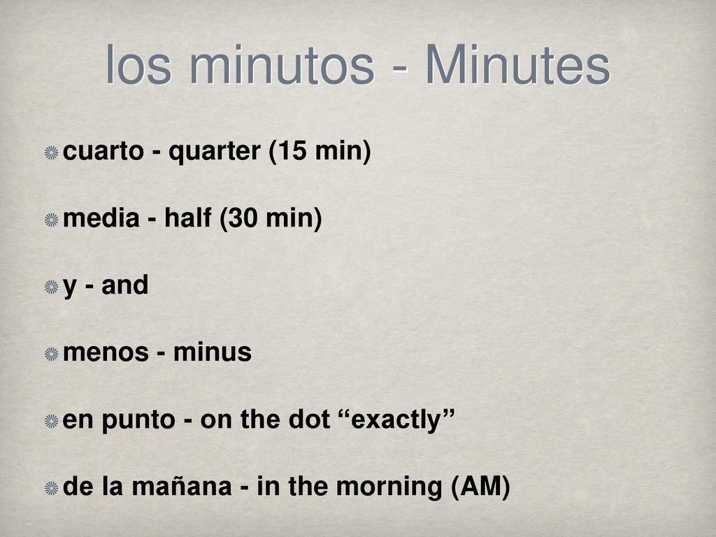 los minutos - Minutes cuarto - quarter (15 min) media - half (30 min)