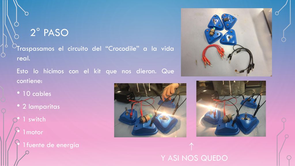 2° PASO Traspasamos el circuito del Crocodile a la vida real. Esto lo hicimos con el kit que nos dieron. Que contiene: