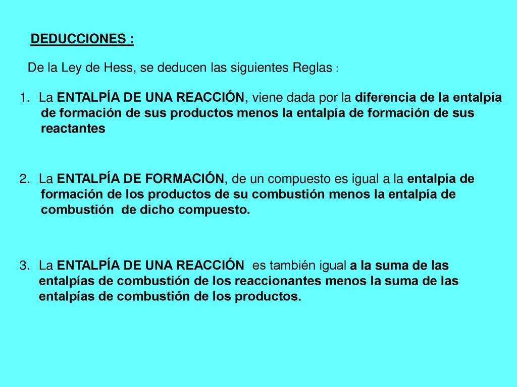 DEDUCCIONES : De la Ley de Hess, se deducen las siguientes Reglas : La ENTALPÍA DE UNA REACCIÓN, viene dada por la diferencia de la entalpía.