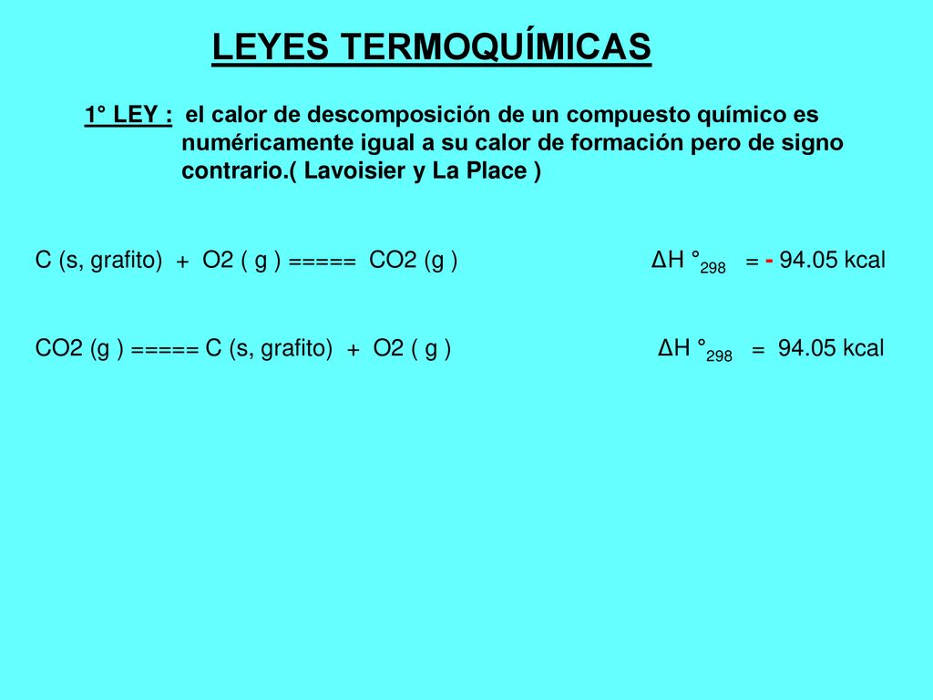 LEYES TERMOQUÍMICAS 1° LEY : el calor de descomposición de un compuesto químico es. numéricamente igual a su calor de formación pero de signo.