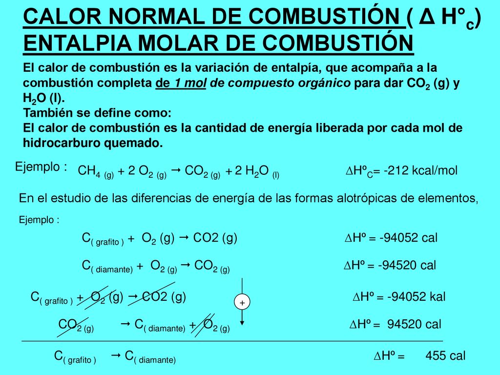 CALOR NORMAL DE COMBUSTIÓN ( Δ H°c) ENTALPIA MOLAR DE COMBUSTIÓN