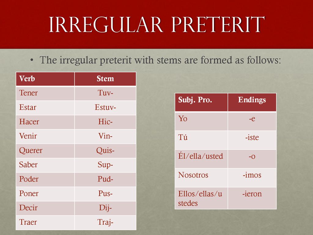 Irregular Preterit The irregular preterit with stems are formed as follows: Verb. Stem. Tener. Tuv-
