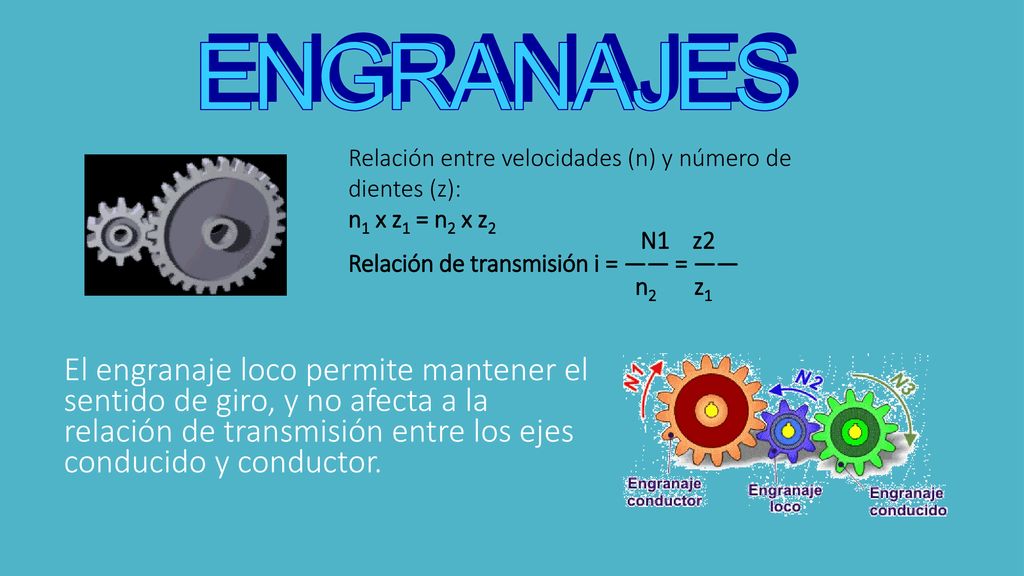 ENGRANAJES Relación entre velocidades (n) y número de dientes (z): n1 x z1 = n2 x z2. N1 z2. Relación de transmisión i = —— = ——