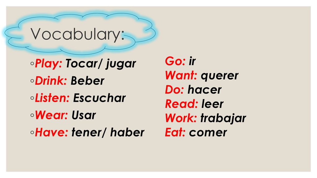 Vocabulary: Go: ir Play: Tocar/ jugar Want: querer Drink: Beber