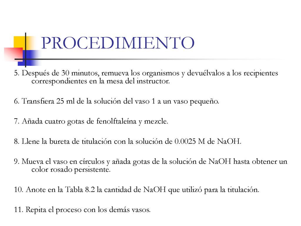 PROCEDIMIENTO 5. Después de 30 minutos, remueva los organismos y devuélvalos a los recipientes correspondientes en la mesa del instructor.