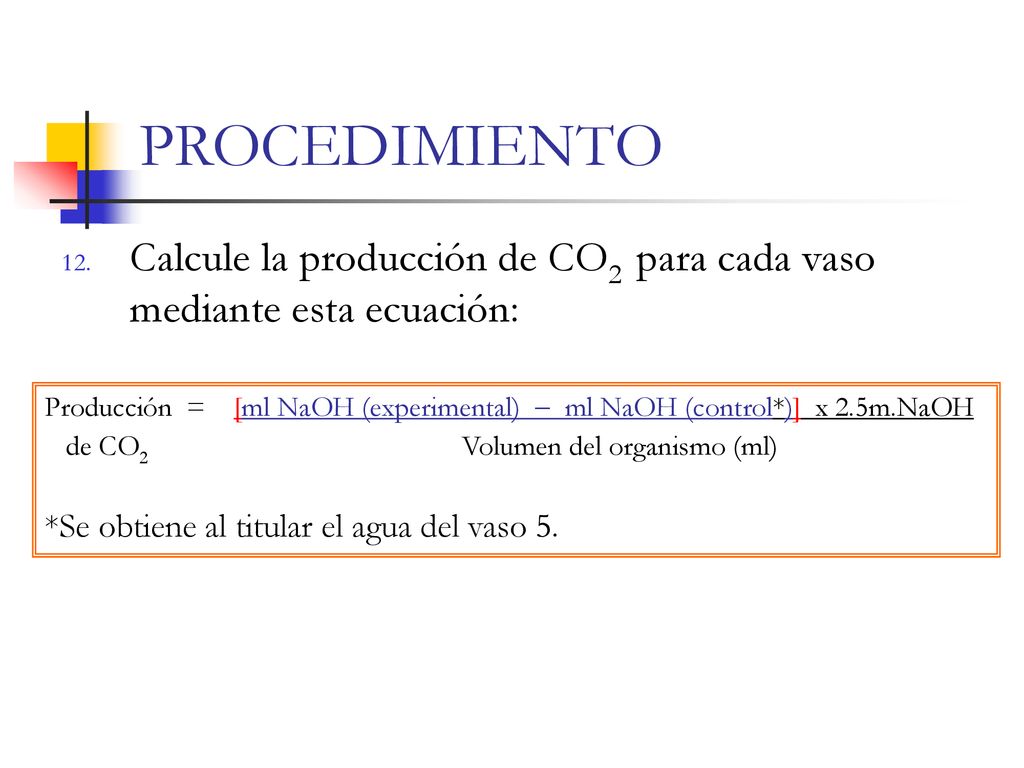 PROCEDIMIENTO Calcule la producción de CO2 para cada vaso mediante esta ecuación: