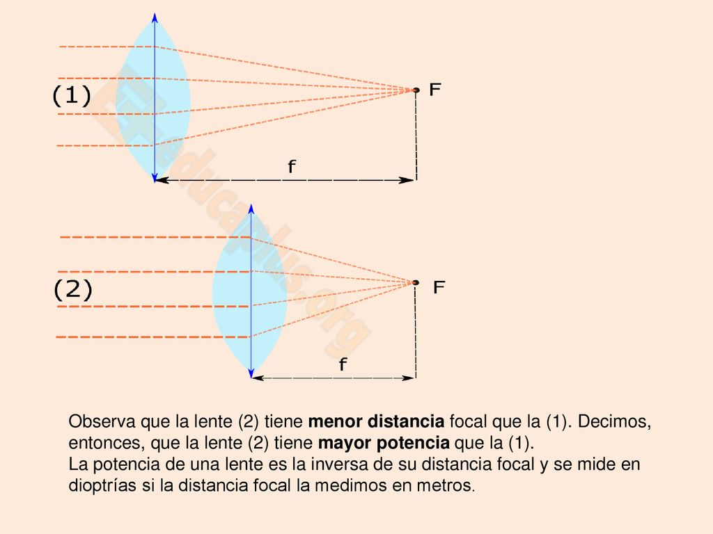 Observa que la lente (2) tiene menor distancia focal que la (1)