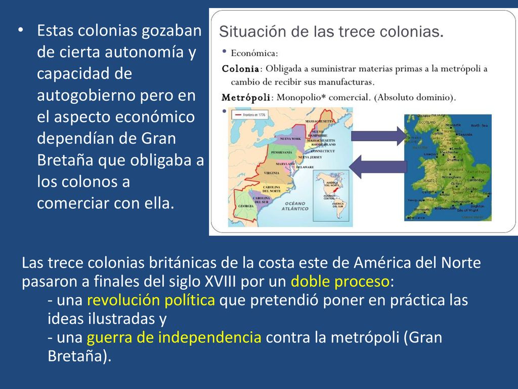 Estas colonias gozaban de cierta autonomía y capacidad de autogobierno pero en el aspecto económico dependían de Gran Bretaña que obligaba a los colonos a comerciar con ella.
