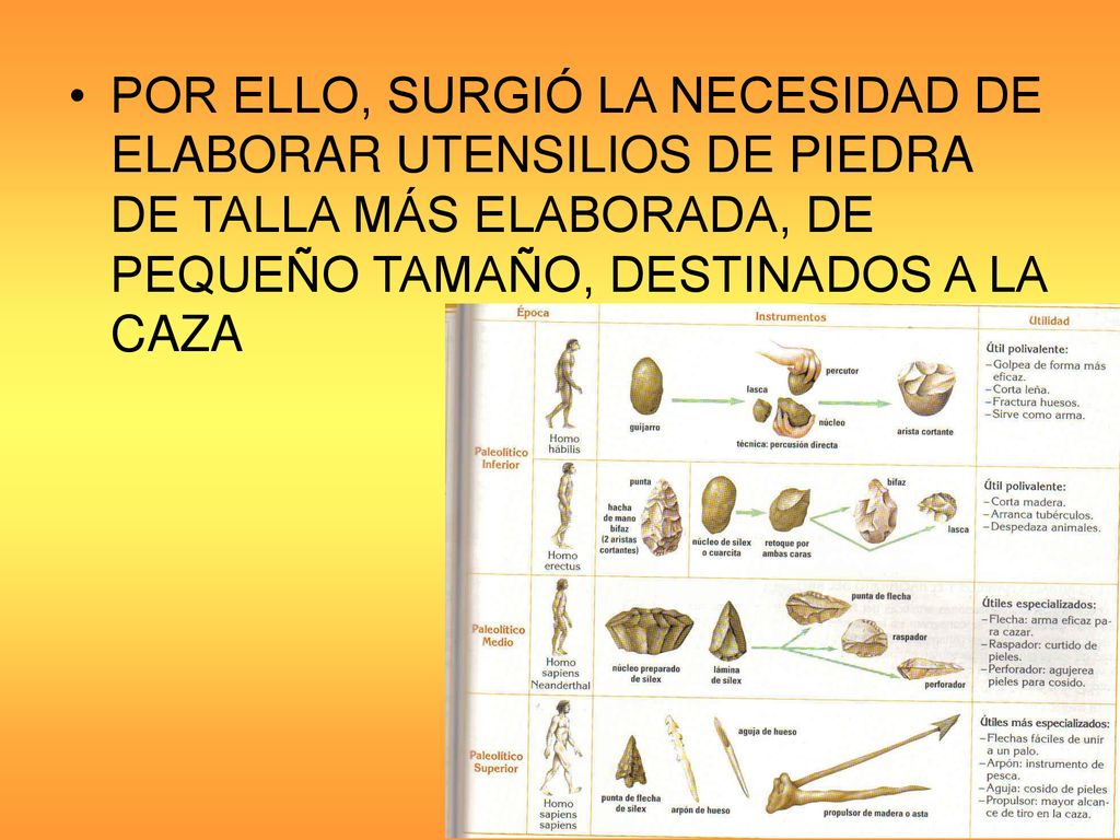 POR ELLO, SURGIÓ LA NECESIDAD DE ELABORAR UTENSILIOS DE PIEDRA DE TALLA MÁS ELABORADA, DE PEQUEÑO TAMAÑO, DESTINADOS A LA CAZA