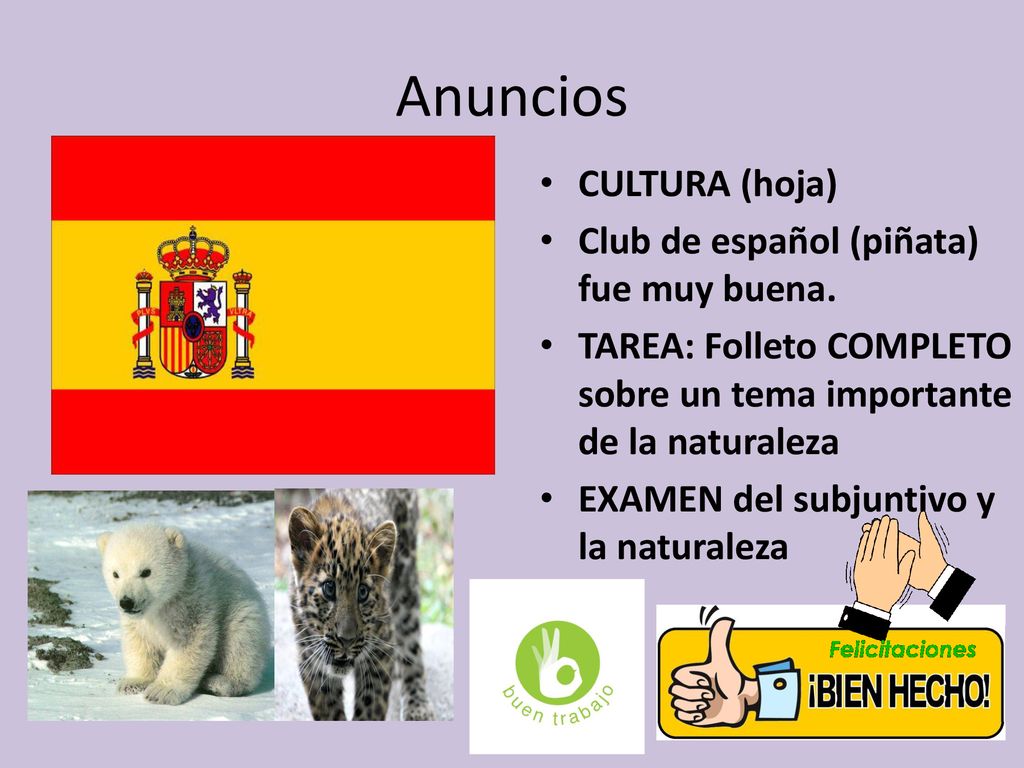 Anuncios CULTURA (hoja) Club de español (piñata) fue muy buena.