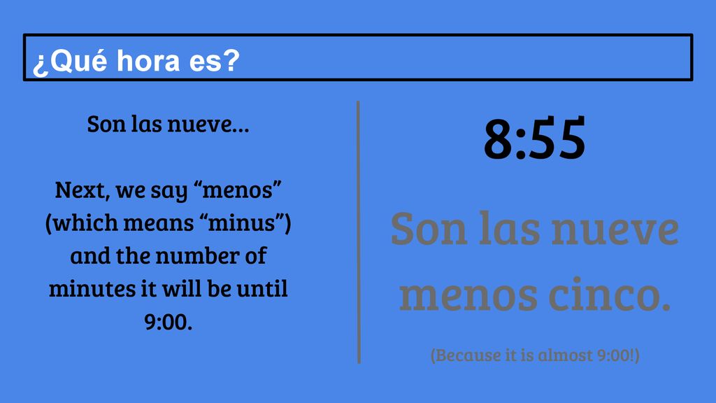 8:55 Son las nueve menos cinco. ¿Qué hora es Son las nueve…