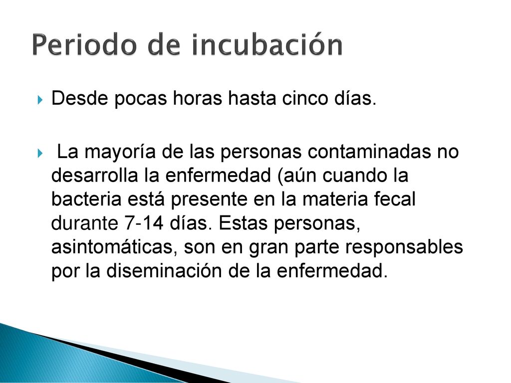 Periodo de incubación Desde pocas horas hasta cinco días.