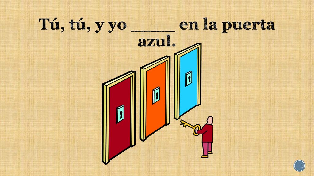 Tú, tú, y yo ____ en la puerta azul.